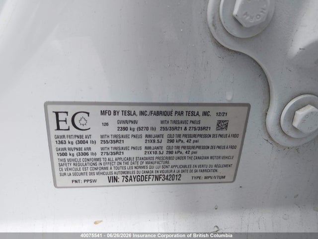40075541 :رقم المزاد ، 7SAYGDEF7NF342012 vin ، 2022 Tesla Model Y مزاد بيع