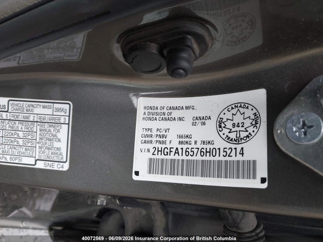 Продаж на аукціоні авто 2006 Honda Civic Lx, vin: 2HGFA16576H015214, номер лоту: 40072569
