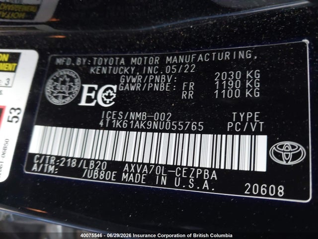 Auction sale of the 2022 Toyota Camry, vin: 4T1K61AK9NU055765, lot number: 40075546