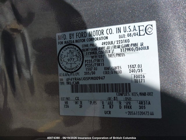 Aukcja sprzedaży 2005 Mazda B3000 Cab Plus, vin: 4F4YR46U05PM00947, numer aukcji: 40074390