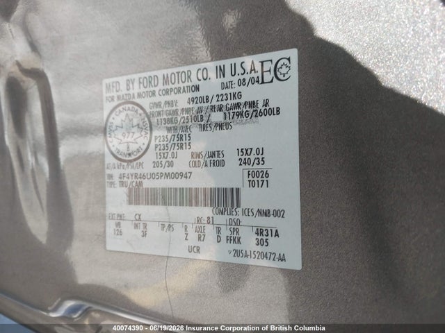 Aukcja sprzedaży 2005 Mazda B3000 Cab Plus, vin: 4F4YR46U05PM00947, numer aukcji: 40074390