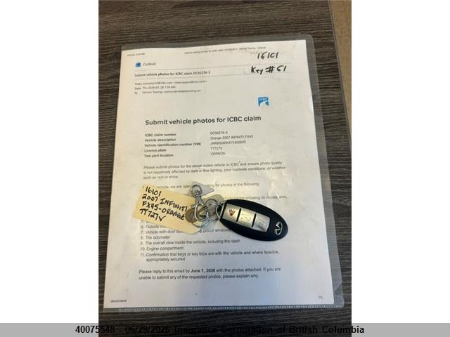 Aukcja sprzedaży 2007 Infiniti Fx45, vin: JNRBS08W47X400625, numer aukcji: 40075548