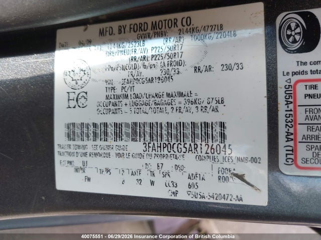 2010 Ford Fusion Sel მანქანა იყიდება აუქციონზე, vin: 3FAHP0CG5AR126045, აუქციონის ნომერი: 40075551