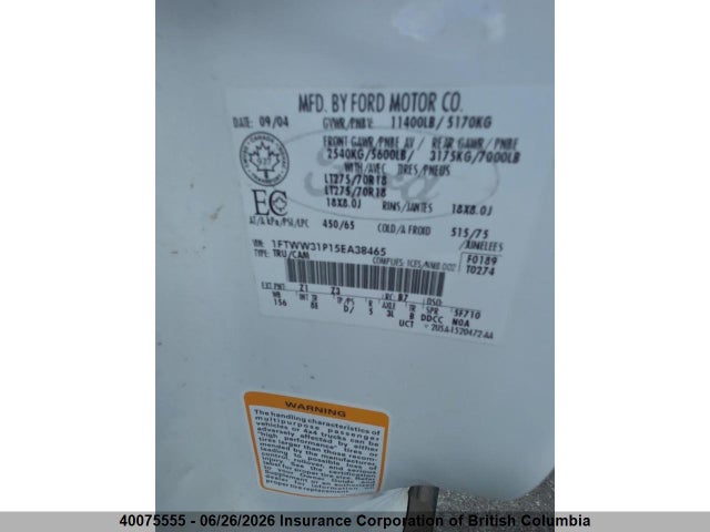 2005 Ford F350 მანქანა იყიდება აუქციონზე, vin: 1FTWW31P15EA38465, აუქციონის ნომერი: 40075555