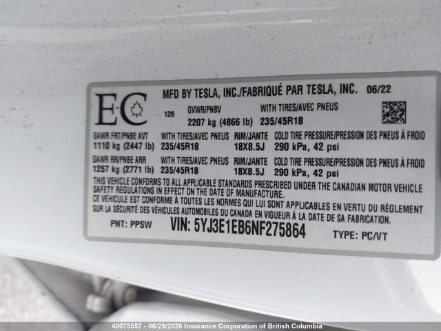 Tesla MODEL 3 2022 5YJ3E1EB6NF275864 Image 9