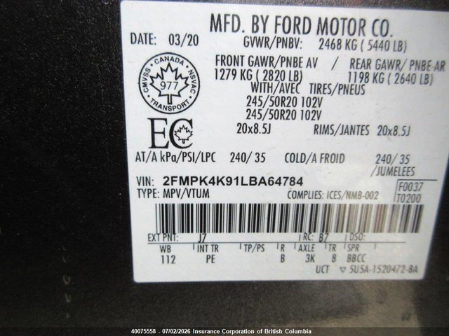 2020 Ford Edge მანქანა იყიდება აუქციონზე, vin: 2FMPK4K91LBA64784, აუქციონის ნომერი: 40075558