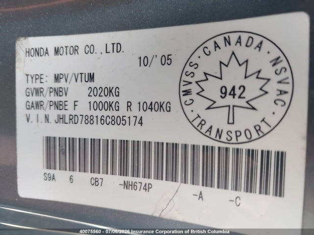 Продаж на аукціоні авто 2006 Honda Cr-v, vin: JHLRD78816C805174, номер лоту: 40075560