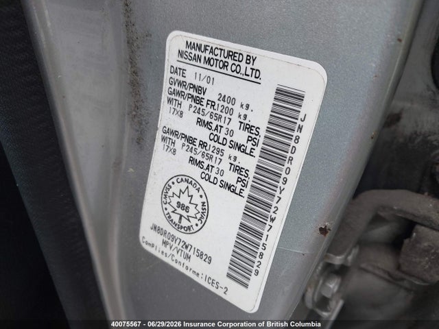 2002 Nissan Pathfinder Le/se მანქანა იყიდება აუქციონზე, vin: JN8DR09Y72W715829, აუქციონის ნომერი: 40075567