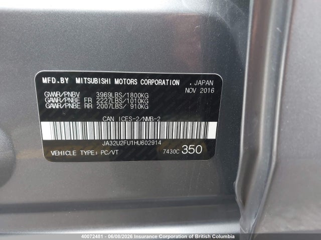 40072481 :رقم المزاد ، JA32U2FU1HU602914 vin ، 2017 Mitsubishi Lancer Es مزاد بيع