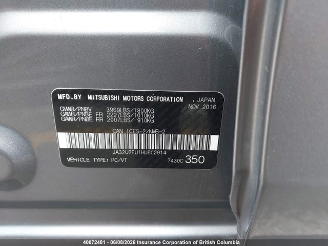 40072481 :رقم المزاد ، JA32U2FU1HU602914 vin ، 2017 Mitsubishi Lancer Es مزاد بيع