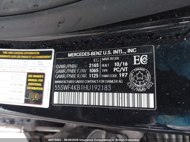 40075583 :رقم المزاد ، 55SWF4KB1HU192183 vin ، 2017 Mercedes-benz C 300 4matic مزاد بيع