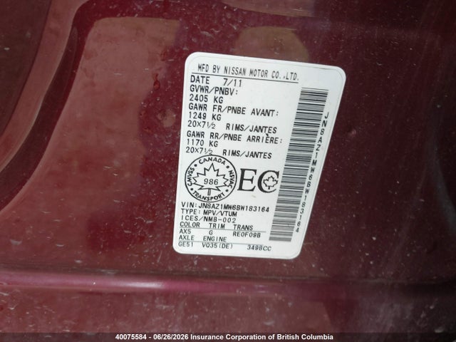 Aukcja sprzedaży 2011 Nissan Murano Le, vin: JN8AZ1MW6BW183164, numer aukcji: 40075584