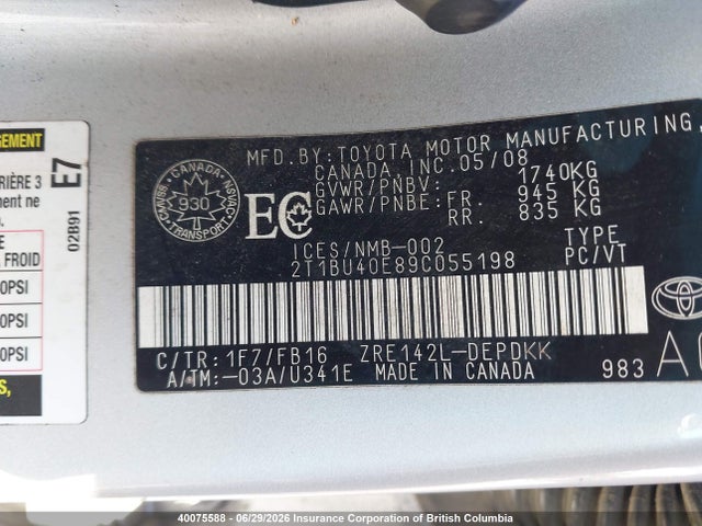 40075588 :رقم المزاد ، 2T1BU40E89C055198 vin ، 2009 Toyota Corolla Ce مزاد بيع