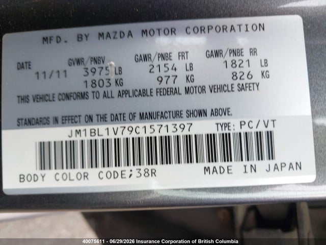 Aukcja sprzedaży 2012 Mazda Mazda3 Gs-sky, vin: JM1BL1V79C1571397, numer aukcji: 40075611