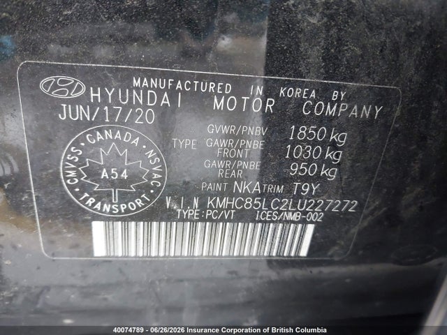40074789 :رقم المزاد ، KMHC85LC2LU227272 vin ، 2020 Hyundai Ioniq Sel مزاد بيع