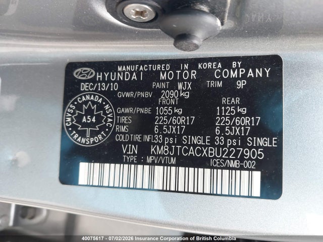 2011 Hyundai Tucson Gl/gls მანქანა იყიდება აუქციონზე, vin: KM8JTCACXBU227905, აუქციონის ნომერი: 40075617