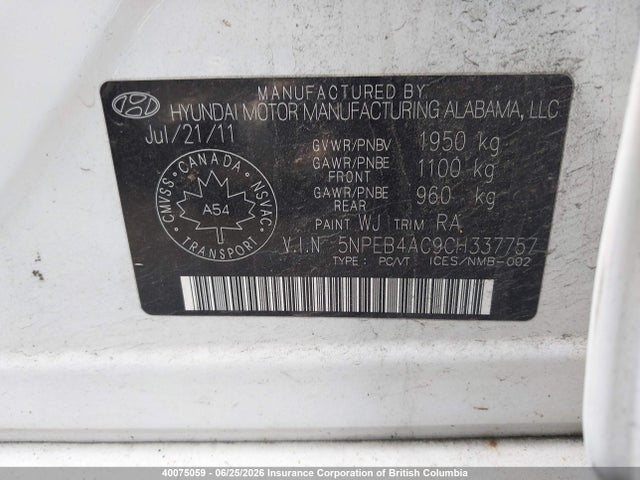 2012 Hyundai Sonata Gls მანქანა იყიდება აუქციონზე, vin: 5NPEB4AC9CH337757, აუქციონის ნომერი: 40075059
