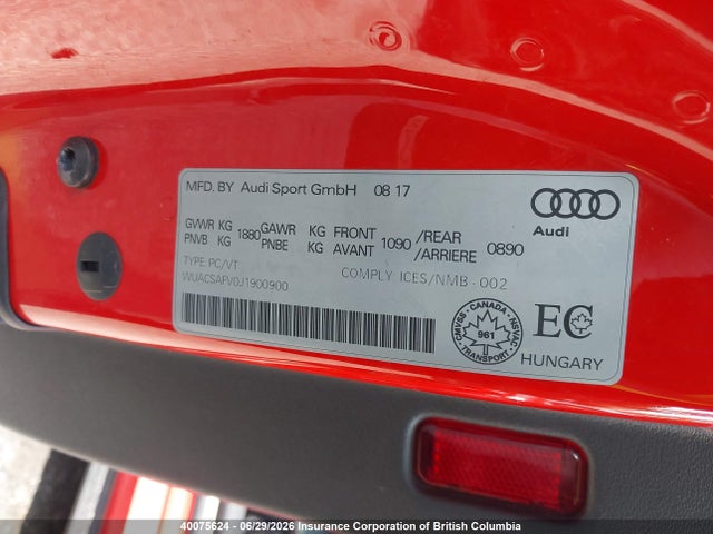 Продажа на аукционе авто 2018 Audi Tt, vin: WUACSAFV0J1900900, номер лота: 40075624