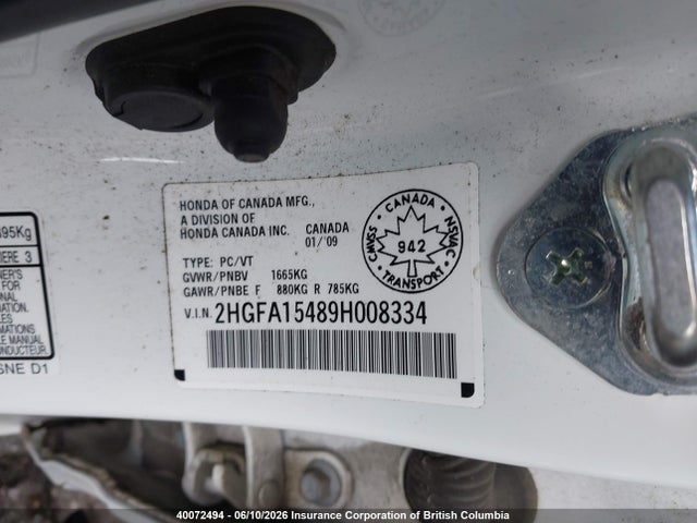 2009 Honda Civic Dx-g მანქანა იყიდება აუქციონზე, vin: 2HGFA15489H008334, აუქციონის ნომერი: 40072494
