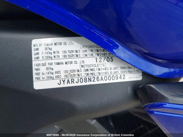 Auction sale of the 2006 Yamaha Fz6 S, vin: JYARJ08N26A000942, lot number: 40073544
