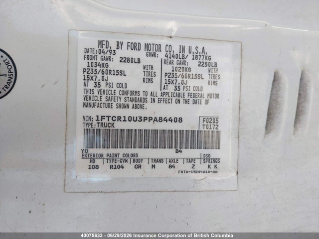Aukcja sprzedaży 1993 Ford Ranger, vin: 1FTCR10U3PPA84408, numer aukcji: 40075633