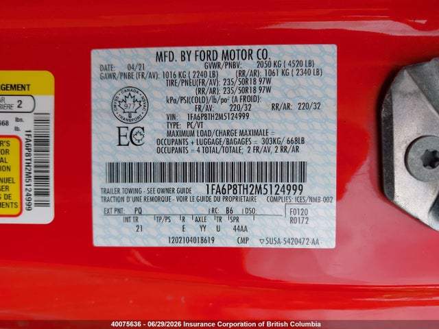 2021 Ford Mustang Ecoboost/ecoboost Premium მანქანა იყიდება აუქციონზე, vin: 1FA6P8TH2M5124999, აუქციონის ნომერი: 40075636