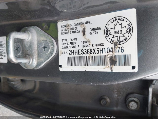 40075640 :رقم المزاد ، 2HHES368X5H104476 vin ، 2005 Acura El مزاد بيع