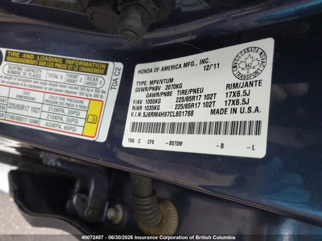 Продаж на аукціоні авто 2012 Honda Cr-v Touring, vin: 5J6RM4H97CL801768, номер лоту: 40072457