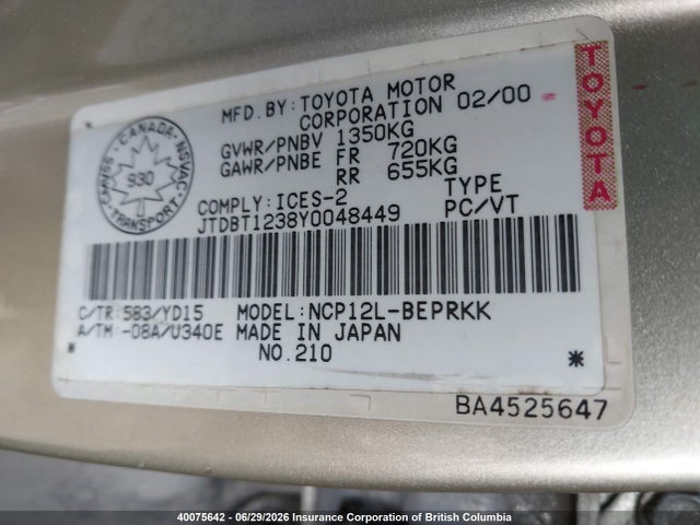 2000 Toyota Echo მანქანა იყიდება აუქციონზე, vin: JTDBT1238Y0048449, აუქციონის ნომერი: 40075642