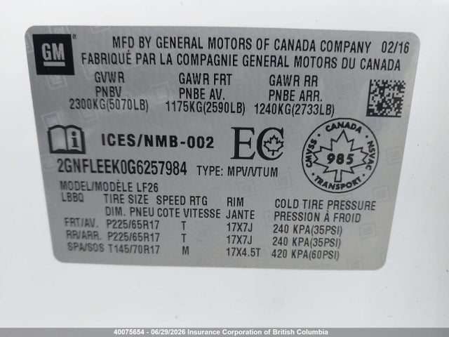 40075654 :رقم المزاد ، 2GNFLEEK0G6257984 vin ، 2016 Chevrolet Equinox Ls مزاد بيع