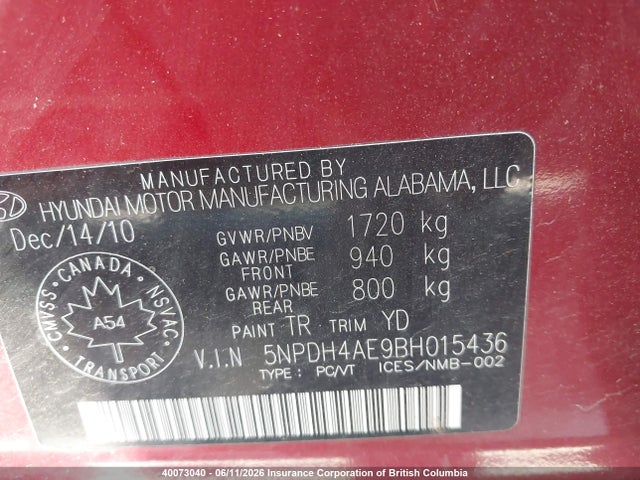 40073040 :رقم المزاد ، 5NPDH4AE9BH015436 vin ، 2011 Hyundai Elantra Gls/limited مزاد بيع