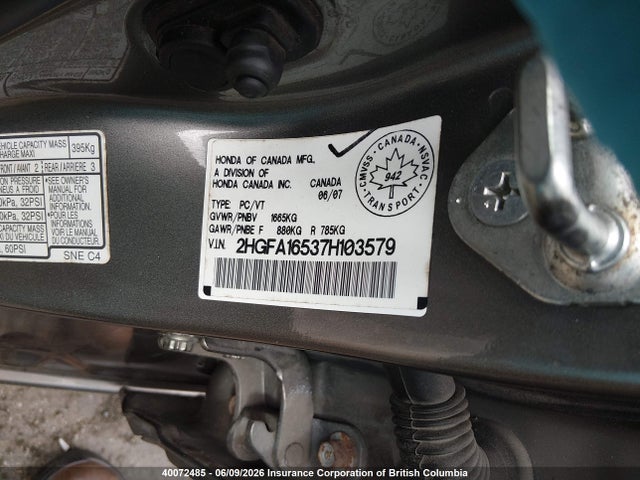 2007 Honda Civic Lx მანქანა იყიდება აუქციონზე, vin: 2HGFA16537H103579, აუქციონის ნომერი: 40072485