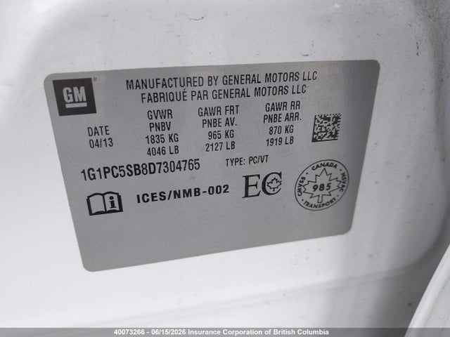 Aukcja sprzedaży 2013 Chevrolet Cruze Lt, vin: 1G1PC5SB8D7304765, numer aukcji: 40073266