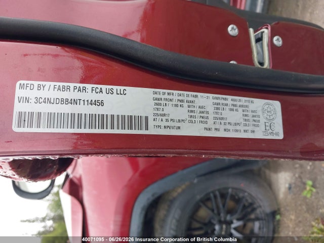 2022 Jeep Compass Latitude მანქანა იყიდება აუქციონზე, vin: 3C4NJDBB4NT114456, აუქციონის ნომერი: 40071095