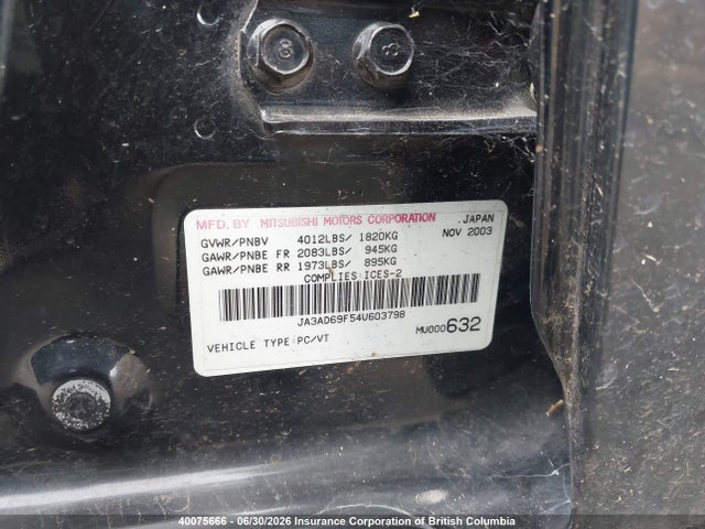 40075666 :رقم المزاد ، JA3AD69F54U603798 vin ، 2004 Mitsubishi Lancer Ralliart مزاد بيع