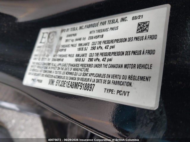 Aukcja sprzedaży 2021 Tesla Model 3 Standard Range/standard Range Plus, vin: 5YJ3E1EA8MF918897, numer aukcji: 40075672