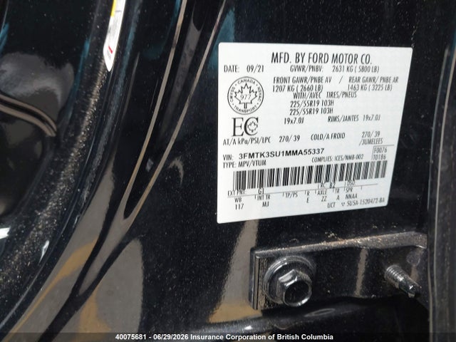 2021 Ford Mustang Mach-e Premium მანქანა იყიდება აუქციონზე, vin: 3FMTK3SU1MMA55337, აუქციონის ნომერი: 40075681
