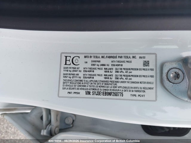 Tesla MODEL 3 2022 5YJ3E1EB9NF260775 Image 9