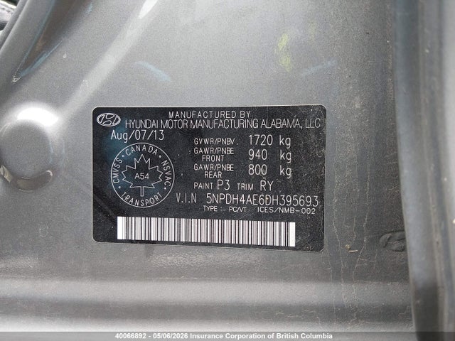 2013 Hyundai Elantra Gls/limited მანქანა იყიდება აუქციონზე, vin: 5NPDH4AE6DH395693, აუქციონის ნომერი: 40066892