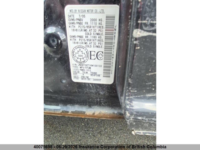 Aukcja sprzedaży 2006 Nissan X-trail Xe/se/le, vin: JN8BT08T16W100133, numer aukcji: 40075698