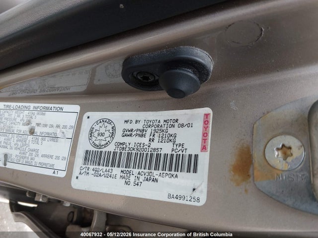 Продажа на аукционе авто 2002 Toyota Camry Le/xle/se, vin: JTDBE30K920012857, номер лота: 40067932