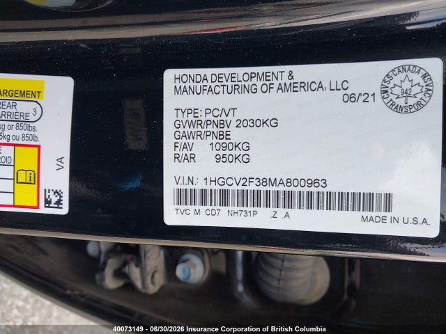 Продаж на аукціоні авто 2021 Honda Accord Sport, vin: 1HGCV2F38MA800963, номер лоту: 40073149