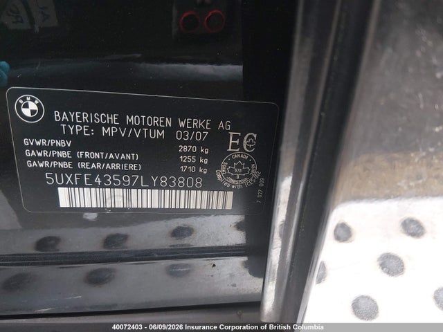 40072403 :رقم المزاد ، 5UXFE43597LY83808 vin ، 2007 Bmw X5 3.0i مزاد بيع