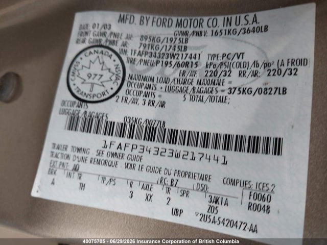 2003 Ford Focus მანქანა იყიდება აუქციონზე, vin: 1FAFP34323W217441, აუქციონის ნომერი: 40075705