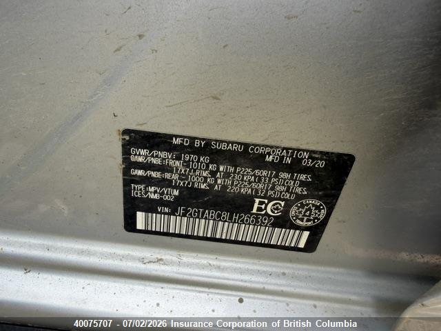 40075707 :رقم المزاد ، JF2GTABC8LH266392 vin ، 2020 Subaru Crosstrek مزاد بيع