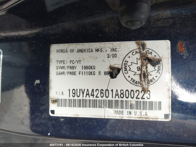 40073191 :رقم المزاد ، 19UYA42601A800223 vin ، 2001 Acura 3.2cl Type-s مزاد بيع