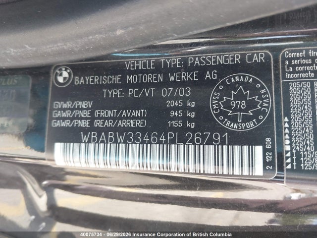 40075734 :رقم المزاد ، WBABW33464PL26791 vin ، 2004 Bmw 325ci مزاد بيع