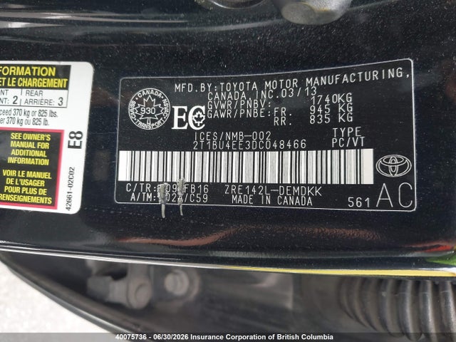 40075736 :رقم المزاد ، 2T1BU4EE3DC048466 vin ، 2013 Toyota Corolla Ce مزاد بيع