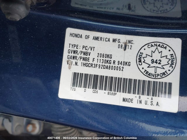 2013 Honda Accord Touring მანქანა იყიდება აუქციონზე, vin: 1HGCR3F92DA800052, აუქციონის ნომერი: 40071406