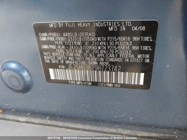 2009 Subaru Forester 2.5x მანქანა იყიდება აუქციონზე, vin: JF2SH63629H723742, აუქციონის ნომერი: 40075745
